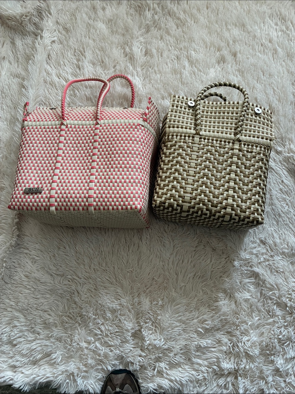Set of 2 BCG Woven Totes- Pink & Cream and Brown and Cream